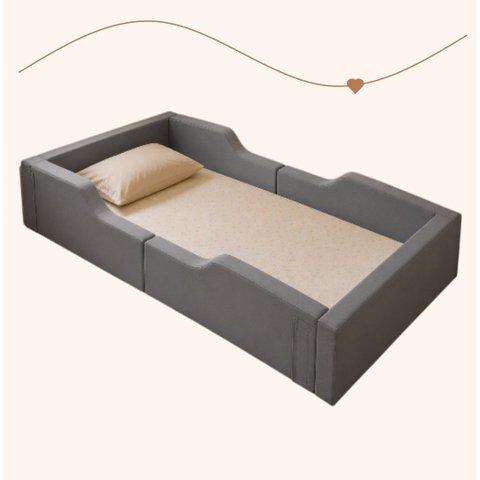 Cama Infantil Estofada Solteiro Montessoriana com Proteção Lateral Cinza