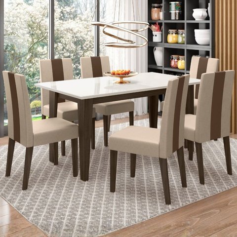 Conjunto Mesa de Jantar Liz 160cm com Vidro 6 Cadeiras Linea Revestidas em Suede Amêndoa Yescasa