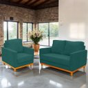 Ver imagem 4 de Kit Poltrona e Sofa Berlim 2 Lugar Base de Madeira Tecido Impermeavel Verde Agua