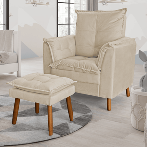 Poltrona Amamentação Descanso Pés Palito com Puff Ariel Suede Bege