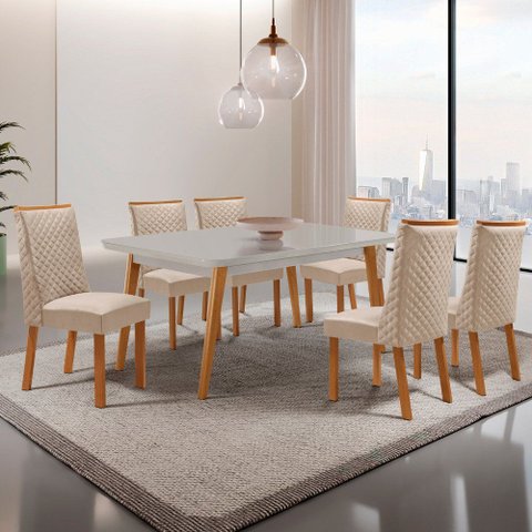 Mesa de Jantar Copper 180cm Tampo MDF Vidro com 6 Cadeiras Yasmin