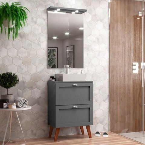 Gabinete para Banheiro com Tampo Cuba e Espelho 60cm Retro Mdf Grafite Milano - On Móveis