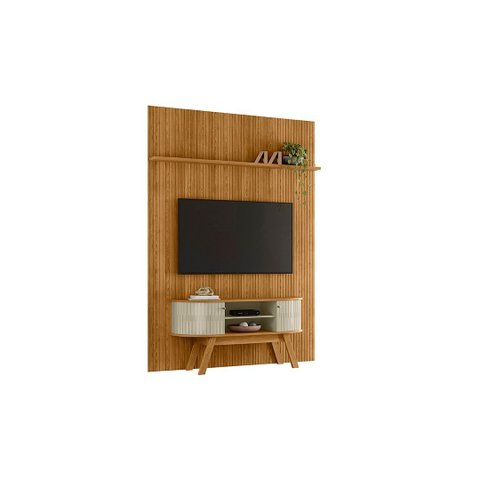 Home Theater Painel com Bancada para TV 136cm 2 Portas Silverstone MDP Cumaru/Opala Sala