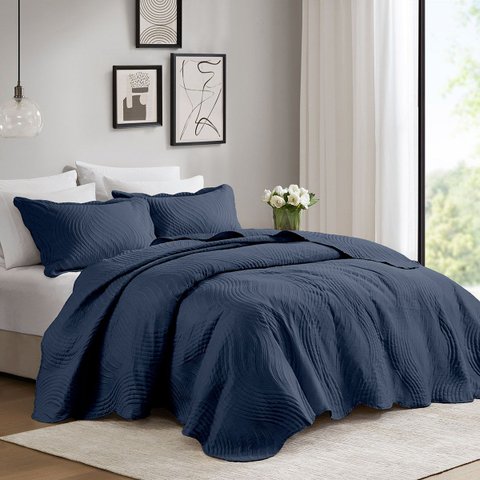 Colcha Matelassê - Casal - Igris - Geométrico - Marinho - 150 Fios - C/ Porta Travesseiros - Corttex