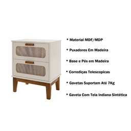Mesa de Cabeceira Santorini 45cm Off White Detalhe na Gaveta Tela Indiana e Design Moderno - 3