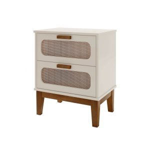 Mesa de Cabeceira Santorini 45cm Off White Detalhe na Gaveta Tela Indiana e Design Moderno