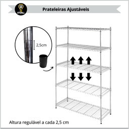 Estante Aço 5 Prateleiras Ajustáveis Cromada Aramada 1,81 X 90,7 X 35,5 sem Rodizio - 9