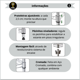 Estante Aço 5 Prateleiras Ajustáveis Cromada Aramada 1,81 X 90,7 X 35,5 sem Rodizio - 7