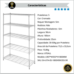 Estante Aço 5 Prateleiras Ajustáveis Cromada Aramada 1,81 X 90,7 X 35,5 sem Rodizio - 5