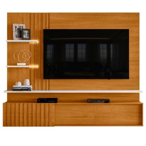 Home Theater Aquarel Th Shop para TV 65 Polegadas 200cm MDP Ripado LED Cinamomo Off White Casah