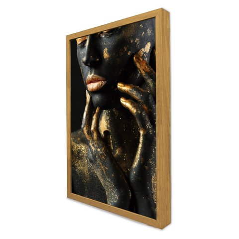 Quadro Decorativo Caixa Mulher Dourada Fashion Tacolado Moldura Caixa 3cm Freijó com Vidro 80 X 120c
