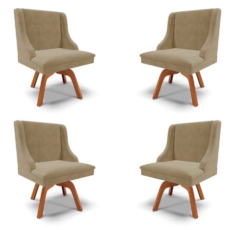 Kit 4 Cadeiras Decorativas Sala de Jantar Base Giratória de Madeira Firenze Suede Nude/Natural G19 -