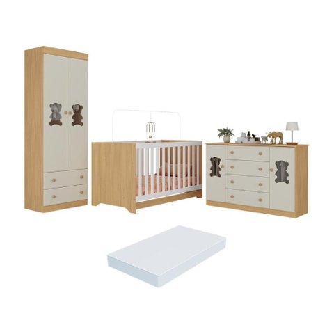 Quarto de Bebê Completo Berço Americano 3 em 1 Colchão Teddy Multimóveis Mp4672 Madeirado/off