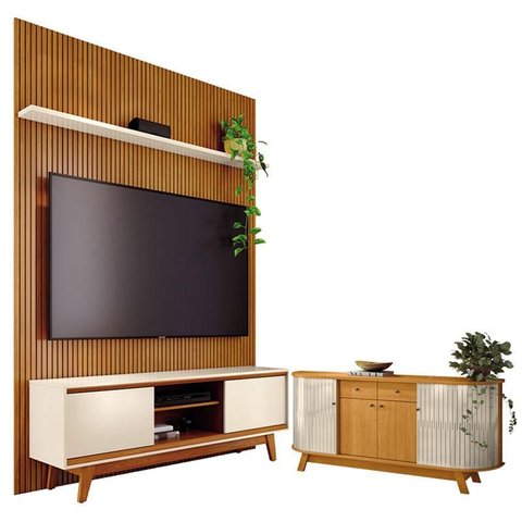 Estante Home Theater com Bancada Suspensa Milo com Aparador para Sala Buffet Mônaco Cinamomo Off Whi