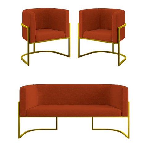 Kit 2 Poltronas + Sofá 2 Lugares Base de Metal Gold Balaqui