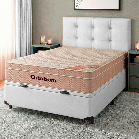 Cama Box Bau + Colchão Casal Ortobom Molas Ensacadas Airtech + Cabeceira Estofada