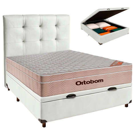 Cama Box Bau + Colchão Casal Ortobom Molas Ensacadas Airtech + Cabeceira Estofada