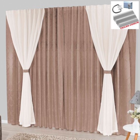 Cortina Bhaly Jacquard e Voal 4,00 X 2,50 para Trilho Comum - Bege