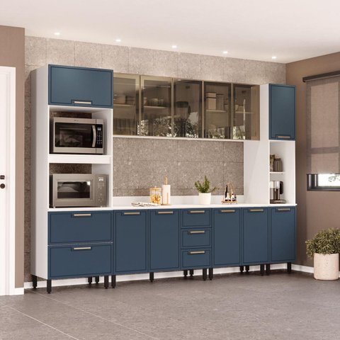 Cozinha Amara Aéreos Porta Vidro Torre Quente Paneleiro Balcões com Tampo Branco/Azul 250775