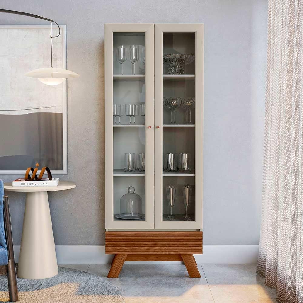 Cristaleira Retrô Americana Portas de Vidro e Gaveta com Detalhe Ripado Freijó/off White Spazio - 1