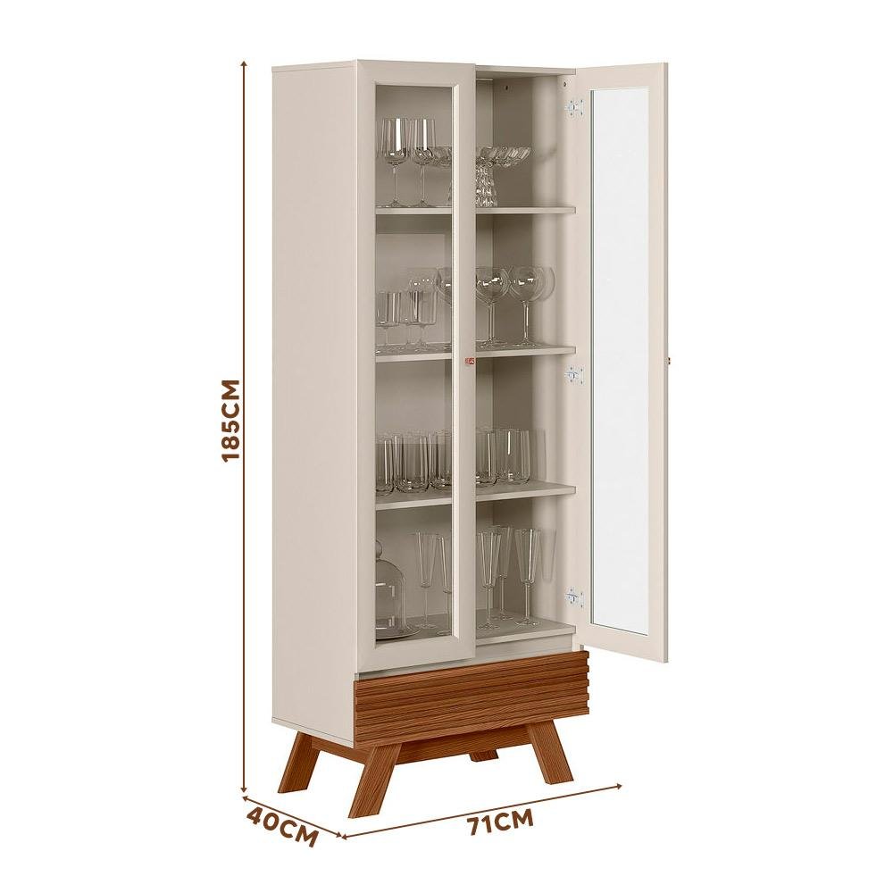 Cristaleira Retrô Americana Portas de Vidro e Gaveta com Detalhe Ripado Freijó/off White Spazio - 4