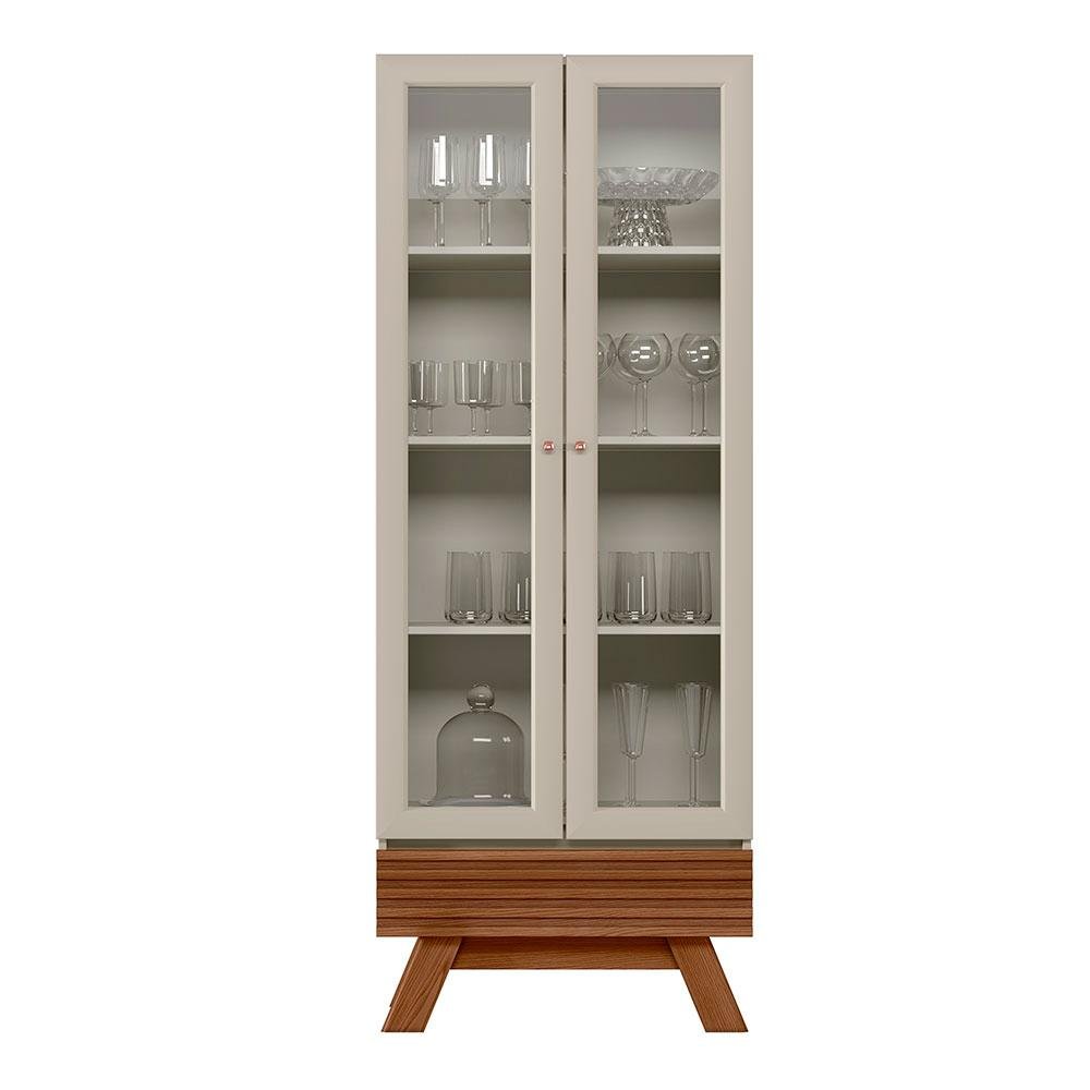 Cristaleira Retrô Americana Portas de Vidro e Gaveta com Detalhe Ripado Freijó/off White Spazio - 2