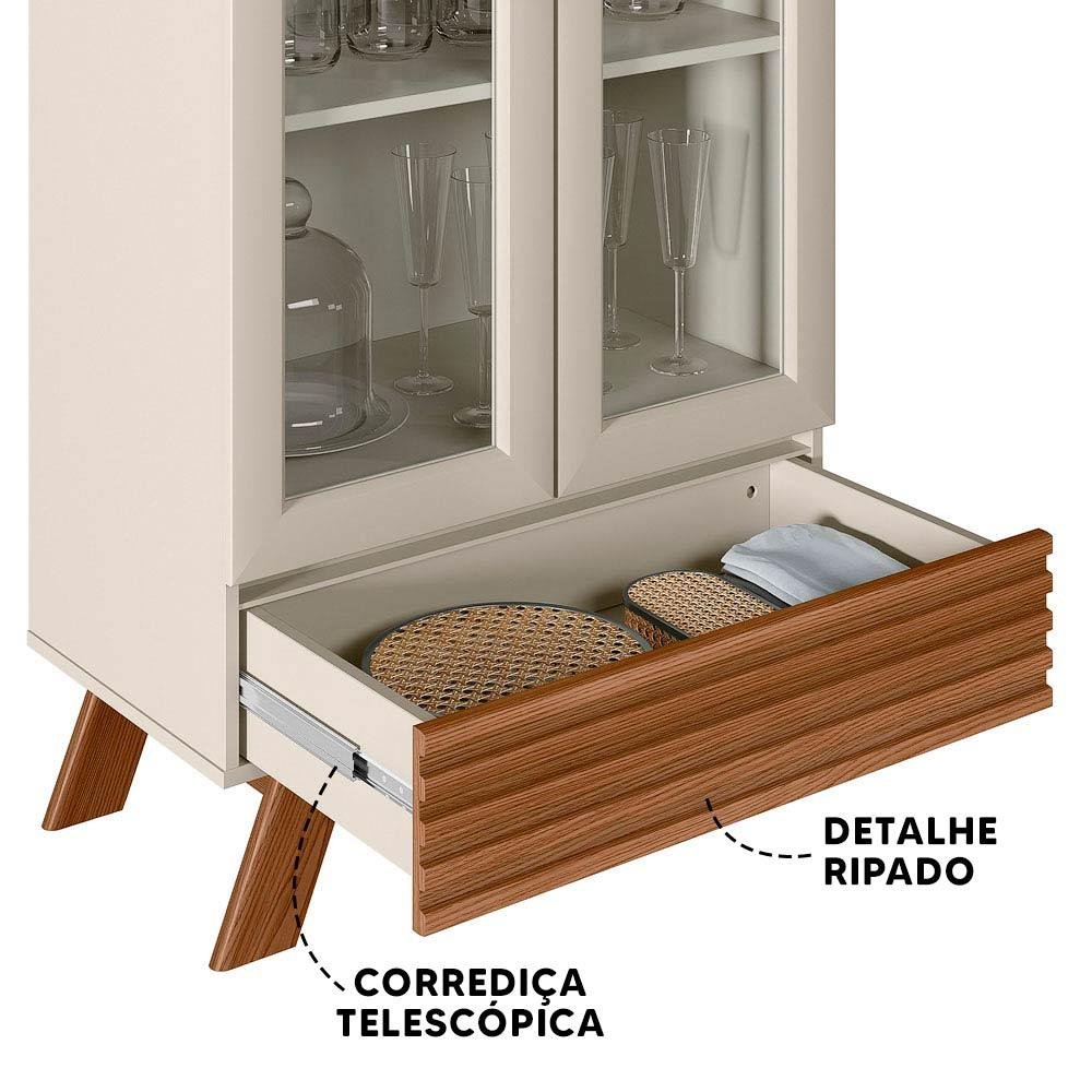 Cristaleira Retrô Americana Portas de Vidro e Gaveta com Detalhe Ripado Freijó/off White Spazio - 3