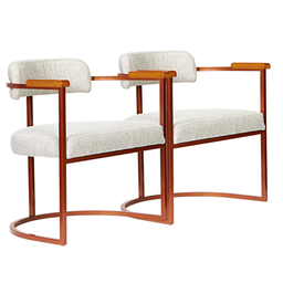 Kit 02 Poltronas Ohio Braço Madeira Linho Bege Estrutura Bronze - 2