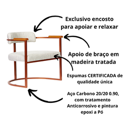 Kit 02 Poltronas Ohio Braço Madeira Linho Bege Estrutura Bronze - 5