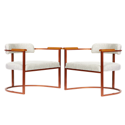 Kit 02 Poltronas Ohio Braço Madeira Linho Bege Estrutura Bronze - 1