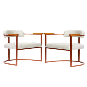 Kit 02 Poltronas Ohio Braço Madeira Linho Bege Estrutura Bronze