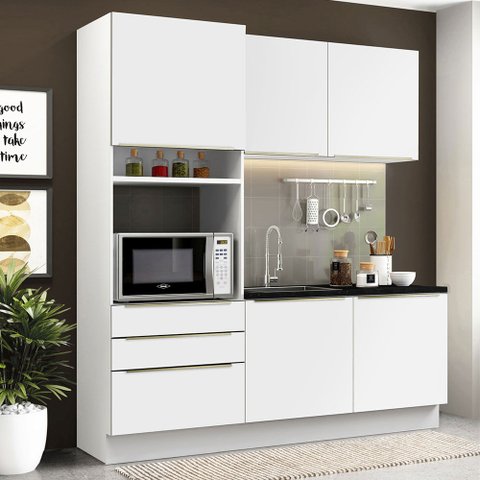 Cozinha Compacta Madesa Lux com Armário e Balcão 5 Portas 3 Gavetas Branco/Branco Veludo Cor:Branco 