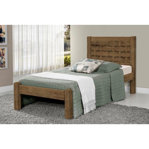 Cama Lai Solteiro com Cabeceira Trabalhada 100% Mdf com Estrado em Madeira Cor Jequitiba Ja