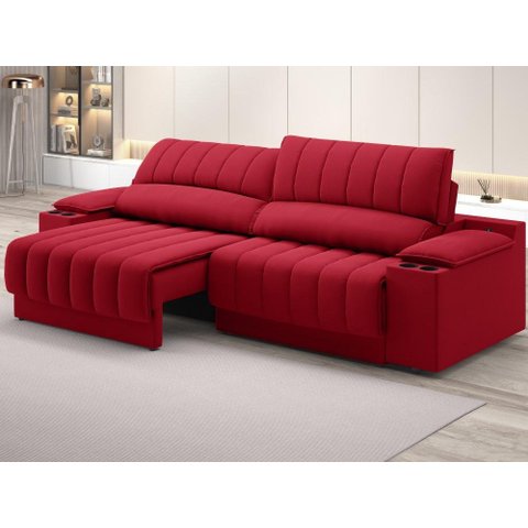 Sofá com Porta Copos Carregador USB Ret Rec Murano 2,50m Velosuede Vermelho - NETSOFAS
