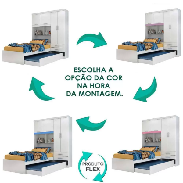 Guarda Roupa Solteiro com Bicama 4 Portas 2 Gavetas Fusion Branco/Rosa/Azul/Lilás Moverama 100%MDF - 3