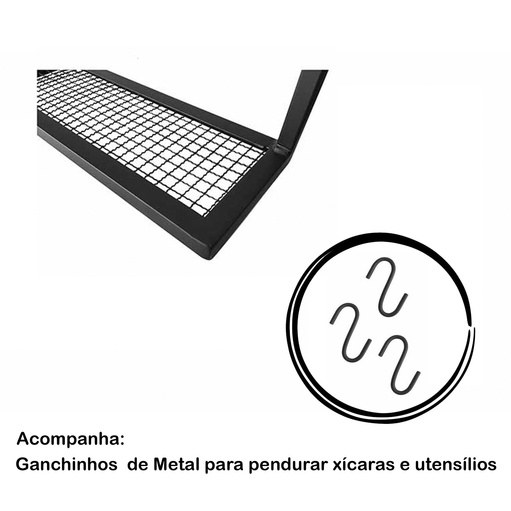 Prateleira Nicho Organizador Duplo em Metal com Telinha + 3 Ganchos Utensílios de Cozinha - 3