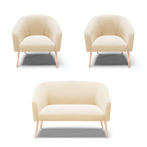 Kit 01 Namoradeira 02 Lugares e 02 Poltronas Stella Suede Bege Pés Palito Natural - D’Rossi