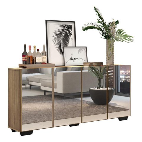 Aparador Buffet 4 Portas Com Espelho E Pés Quadrados Vegas V3560 Rustic/Preto Rustic/Preto