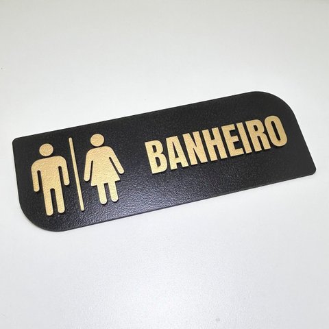 Placa Sinalização Banheiro Mdf Preto e Dourado Premium