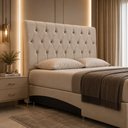 Ver imagem 1 de Cabeceira Cama Box Queen 160 Paris Capitonê Estofada Veludo:Bege