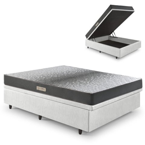 Cama Baú Casal 138x188 Courino Linho Branco com Dual Firm Espuma Ecoflex
