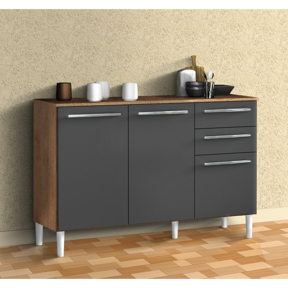 Balcão de Cozinha 120cm com 3 Portas 2 Gavetas e Tampo 100% MDF Paris Espresso Móveis - 1