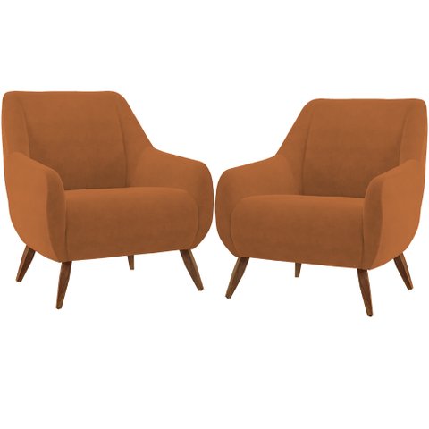 Kit 02 Poltronas Decorativa Fixa Pés de Madeira Paloma D02 Veludo Telha C-262 - Lyam Decor