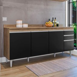 Balcão Cozinha Ágatha 180cm Freijó com Preto S/ Tampo - Vallisa Decor - 3