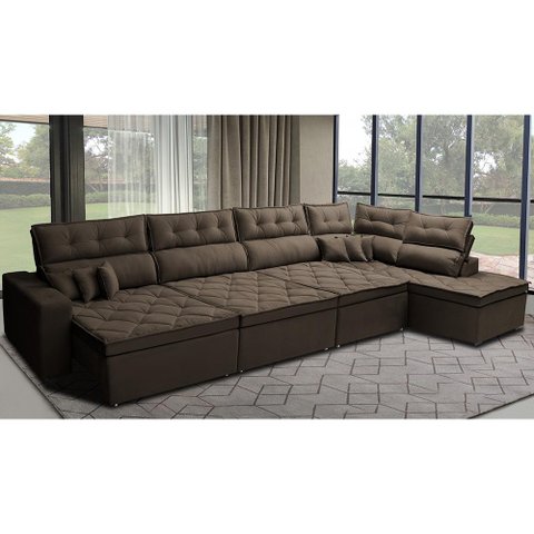 Sofá de Canto 4.80x2.36m Retrátil e Reclinável com Molas Cama inBox Platinum Direito Suede Café