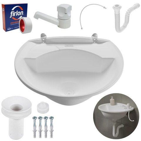 Pia Lavatório Banheiro 4L + Torneira Branca + Sifão Universal Sanfonado + Engate + Veda Rosca