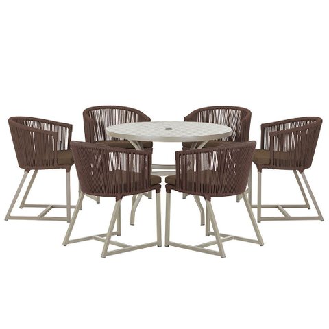 Mesa com 6 Cadeiras de Jantar Roma 120cm e Noronha em Alumínio Fendi Corda Náutica Estofado 9 Trama