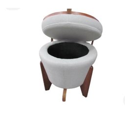 Puff Decorativo Baú Flex Linho Claro Tampo Mesa Pés Madeira - 3