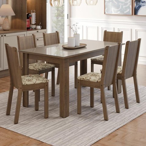Conjunto Sala de Jantar Cereja Mesa Tampo de Vidro 6 Cadeiras Rustic/Crema/Lírio Bege Madesa