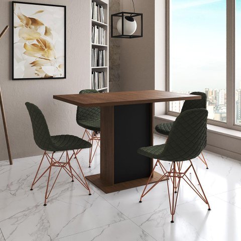 Mesa Jantar Londres Tampo Amêndoa 120cm Base Preta 4 Cadeiras Base Cobre Estofado Verde